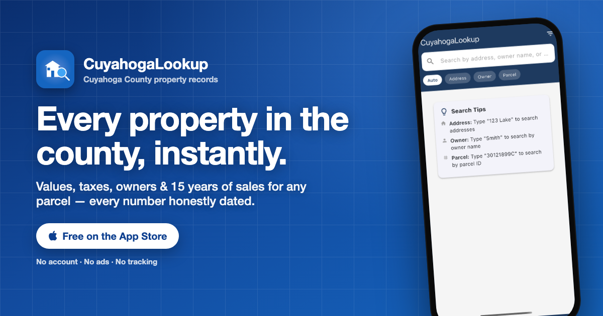 CuyahogaLookup — every property in Cuyahoga County, instantly. Values, taxes, owners and 15 years of sales for any parcel, every number honestly dated. Free on the App Store.